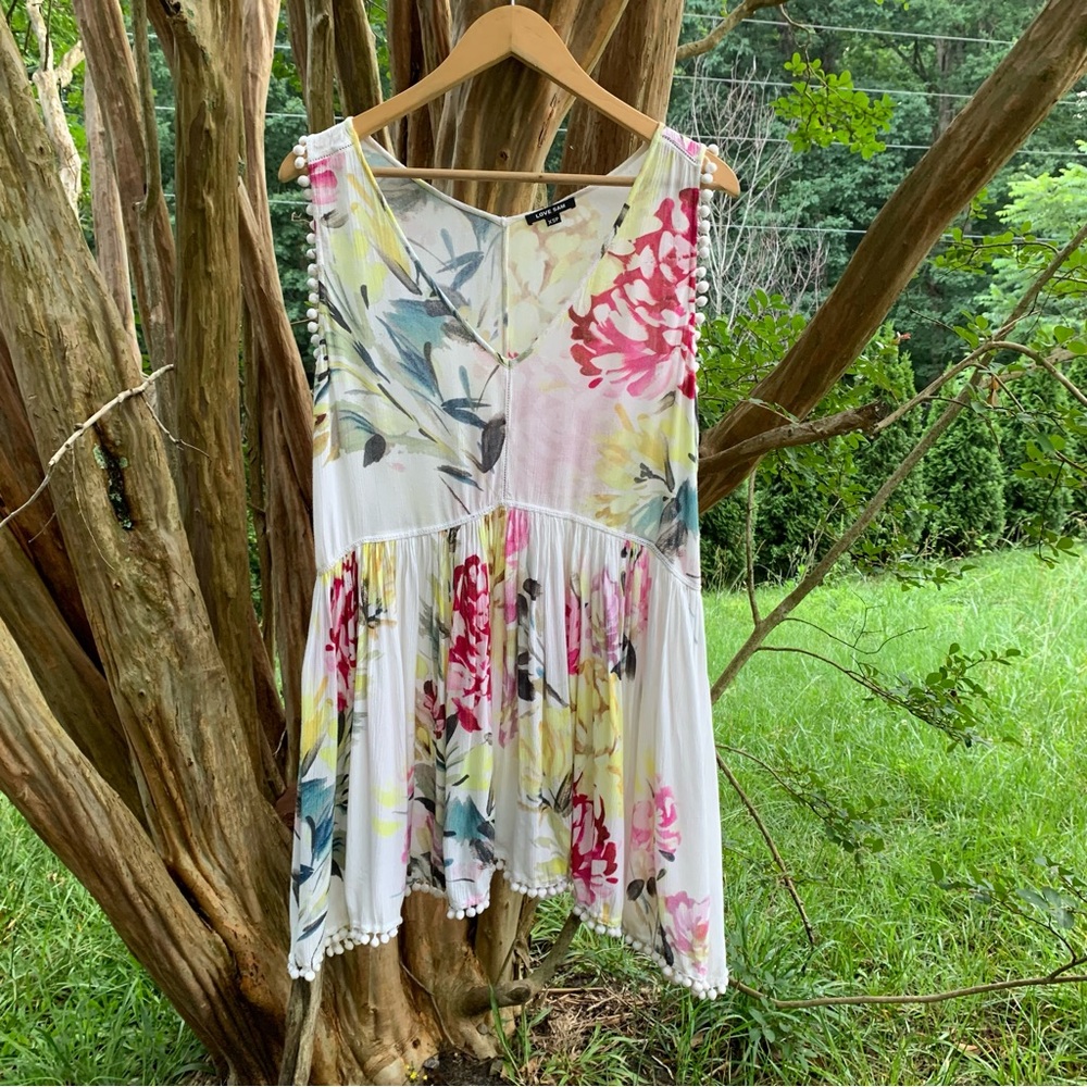 Love Sam Gauzy Floral Pom Pom Sleeveless Mini Dress